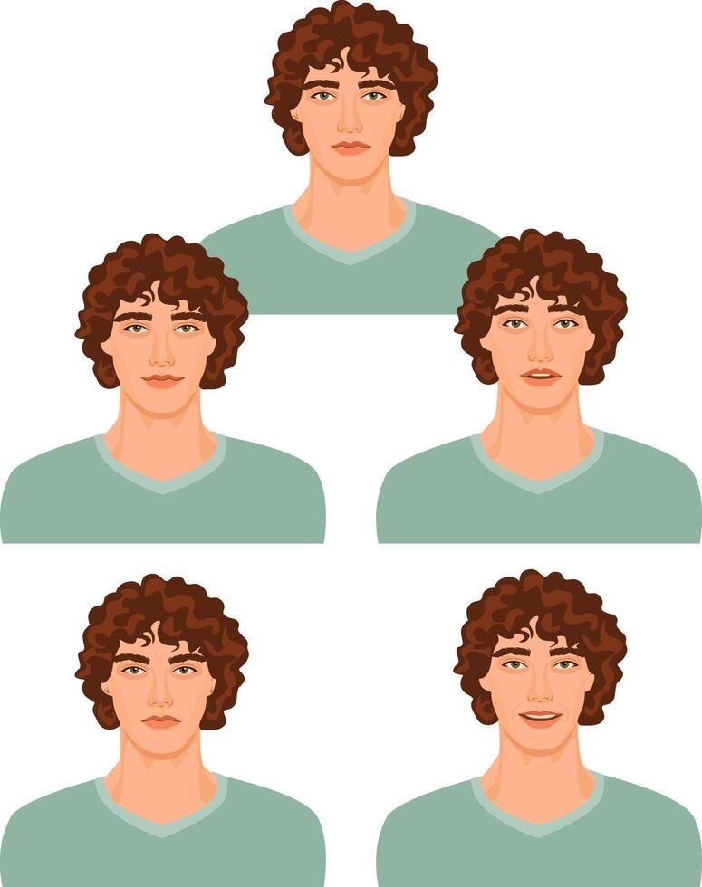 Handsome man face expression, set of illustrations isolated on white background. A boy emoji face, human expressions, set of male avatars with various emotions. vector