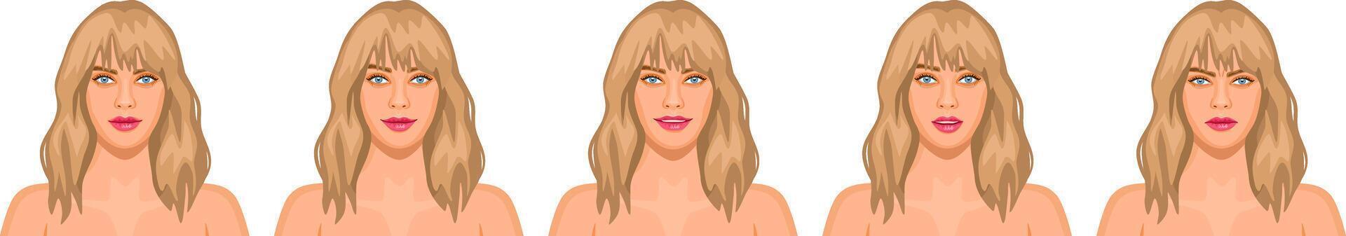 Blond beautiful woman with different facial expressions. Female avatar set with emotions variety. vector