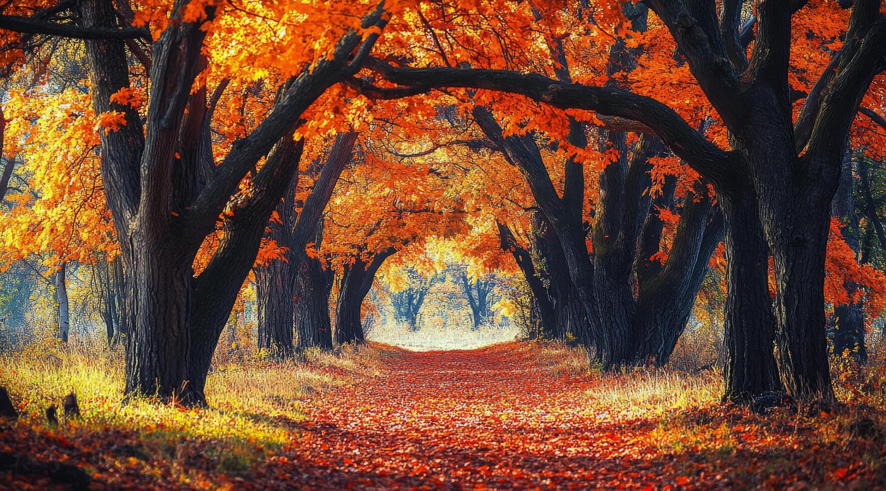 A tranquil autumn path lined with vibrant orange trees in a serene forest setting photo
