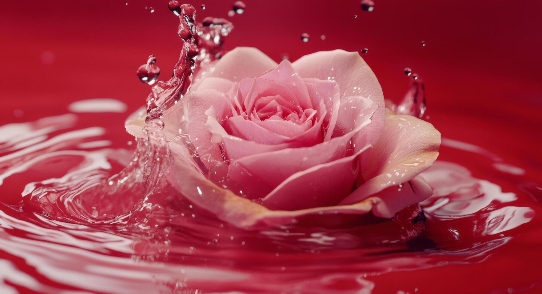 A pink rose floats gracefully in vibrant red water, creating a serene and delicate ambiance photo