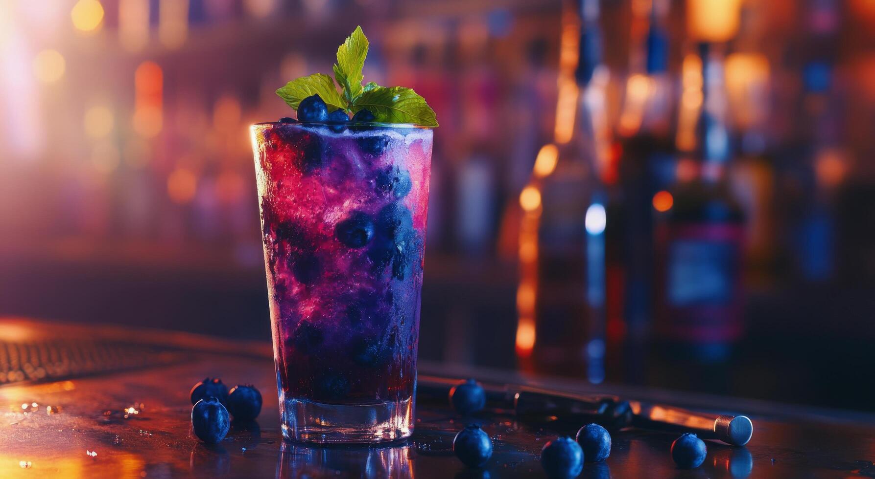 Vibrant cocktail with blueberries and mint served in a tall glass at a lively bar during the evening photo