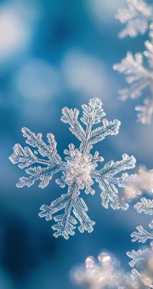 Delicate snowflake resting on glistening winter surface with blurred blue background photo