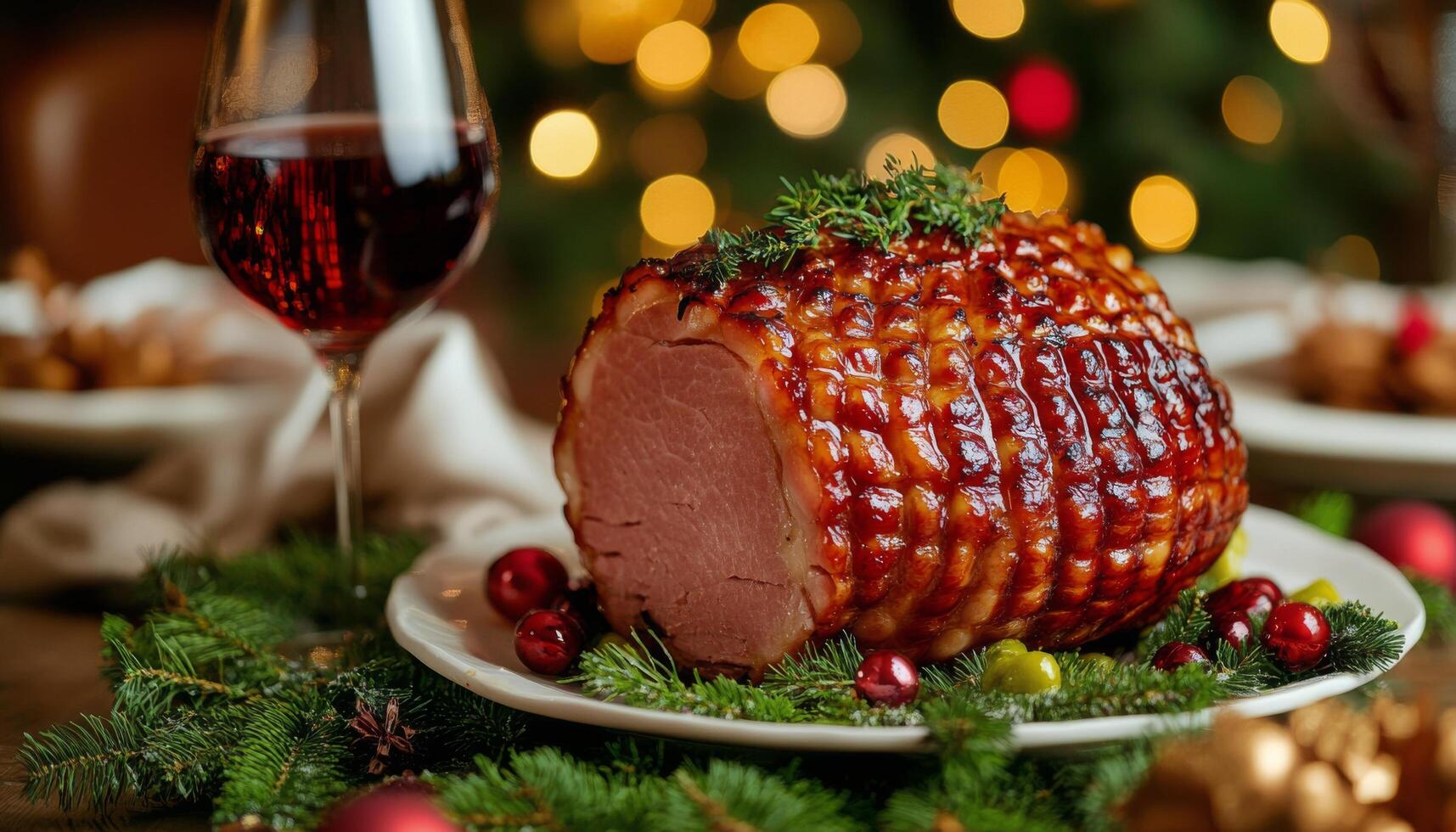 Deliciously glazed ham served with red wine during festive holiday dinner celebration photo