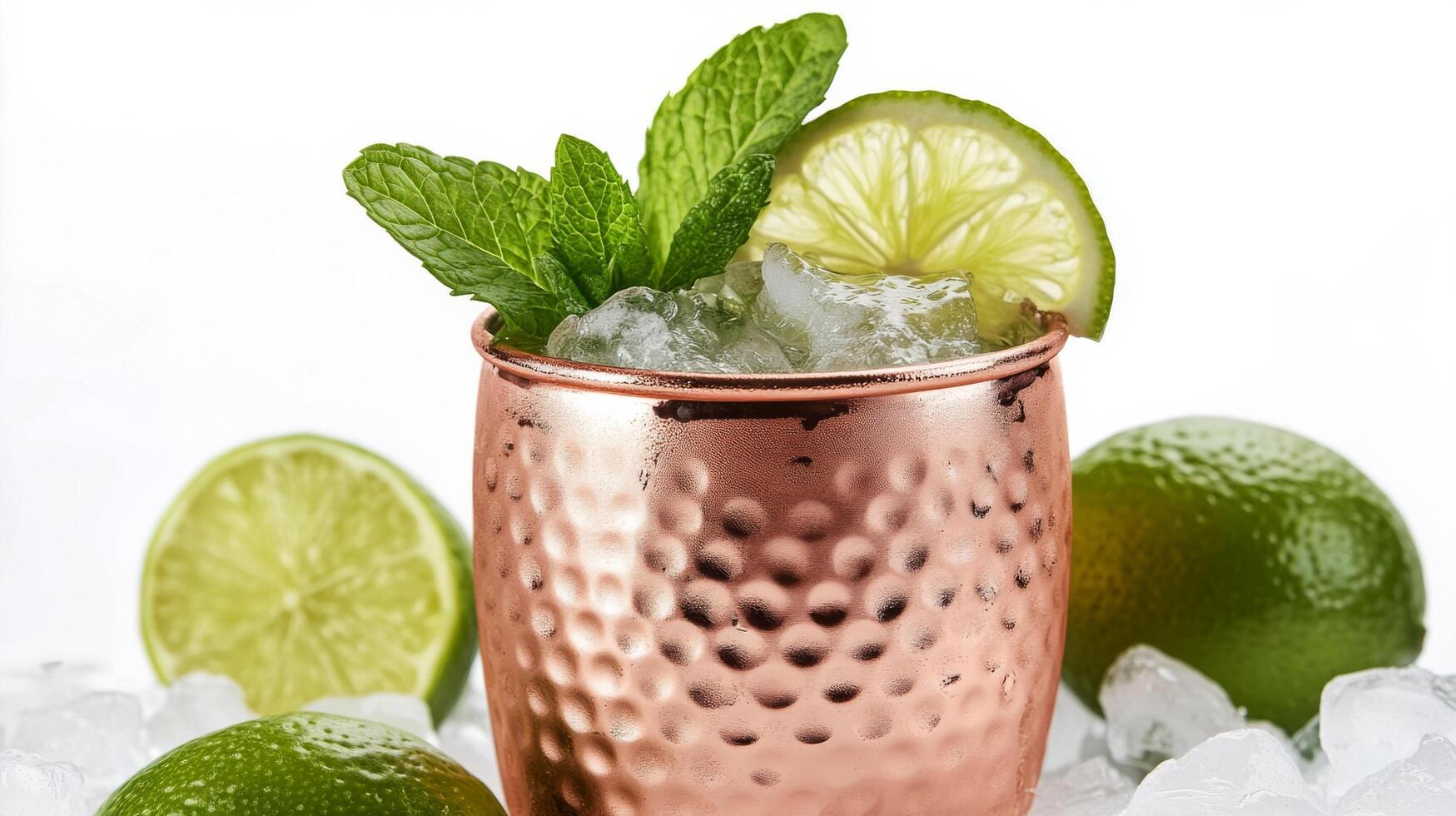 Refreshing mint cocktail served with lime in a copper cup on crushed ice during summer photo
