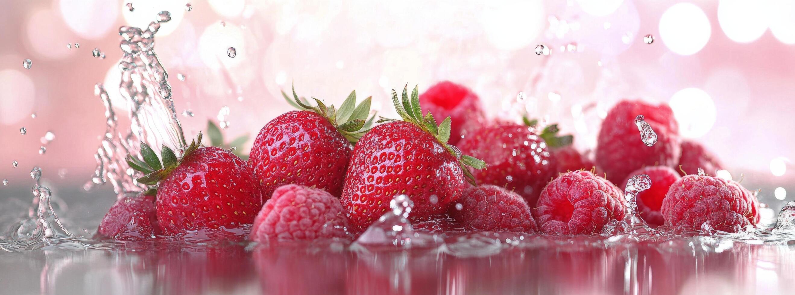Fresh strawberries and raspberries splashing in water with a sparkling background photo