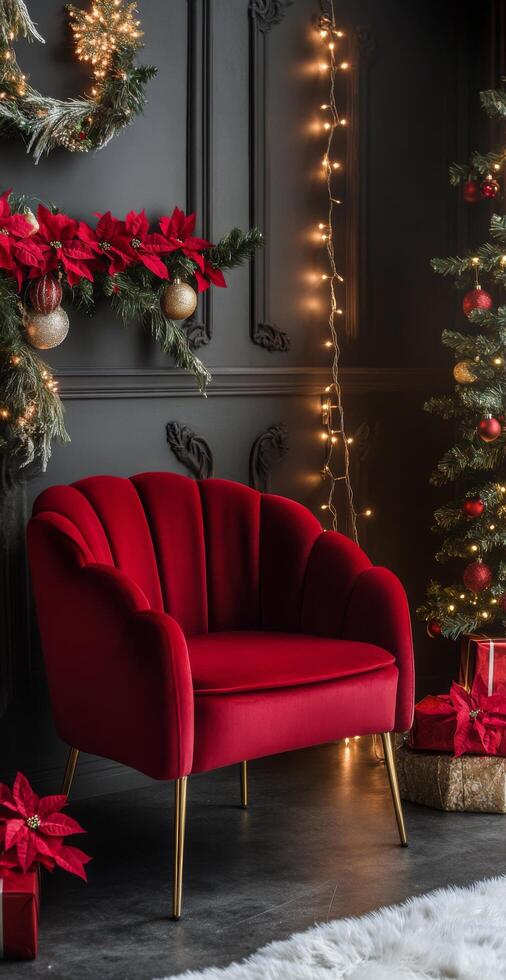 Cozy red chair in a festive room decorated with a Christmas tree and poinsettias photo
