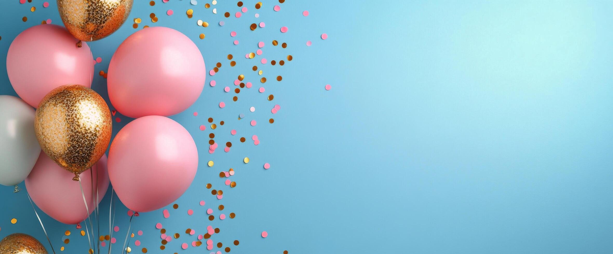 Colorful balloons and confetti filling the air at a festive celebration with a blue background photo