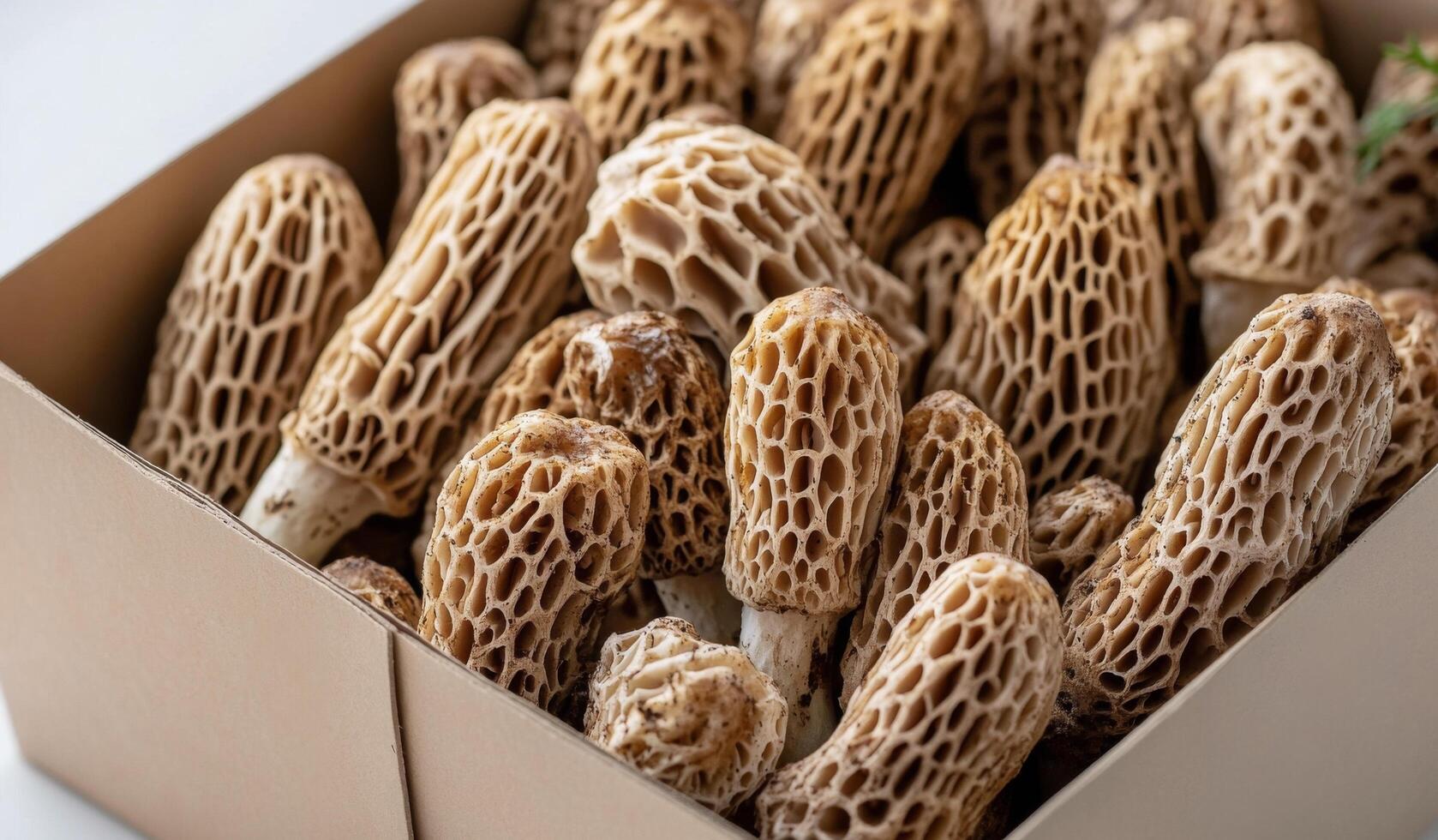 Freshly harvested morel mushrooms showcased in a cardboard box from a local farm photo