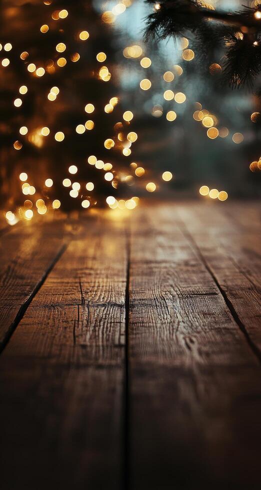 Soft golden bokeh lights glimmering on a wooden surface during a festive evening setting photo