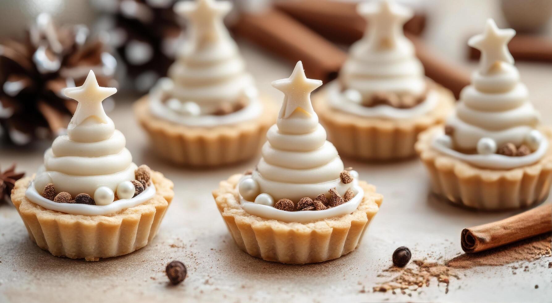 Festive holiday dessert featuring intricately decorated tree-shaped tarts on a winter table photo