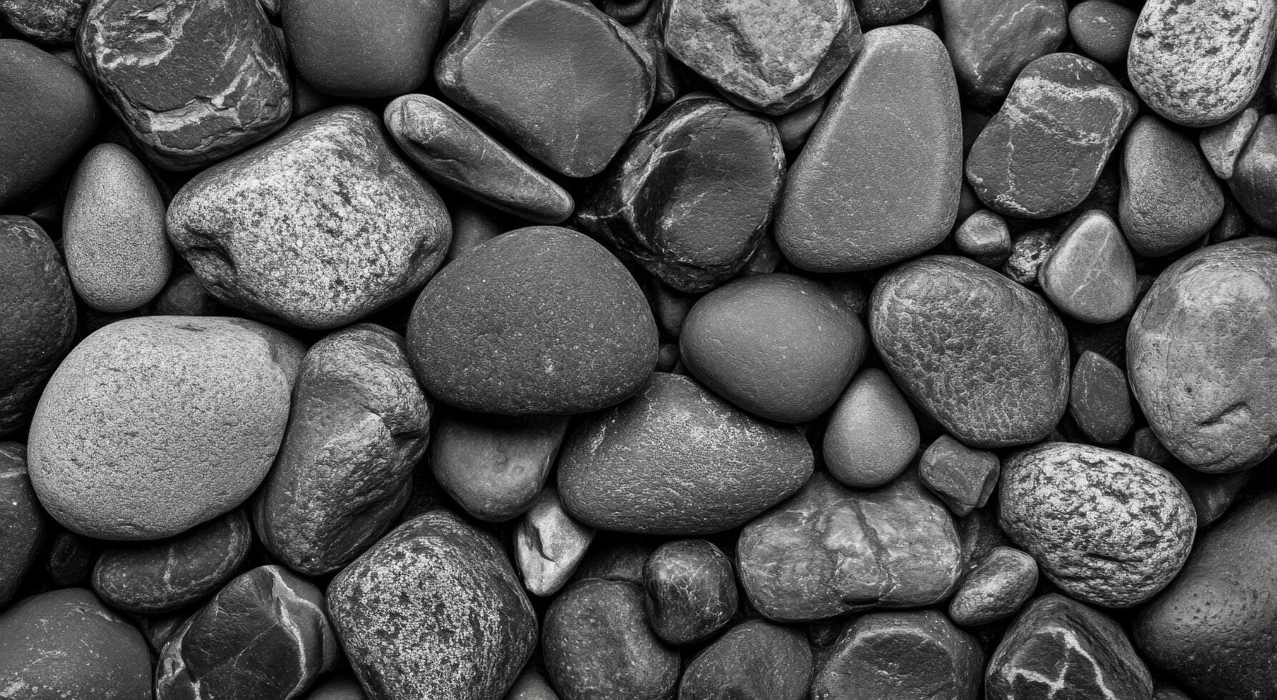 A collection of smooth black stones arranged on a flat surface with varied shapes and sizes photo