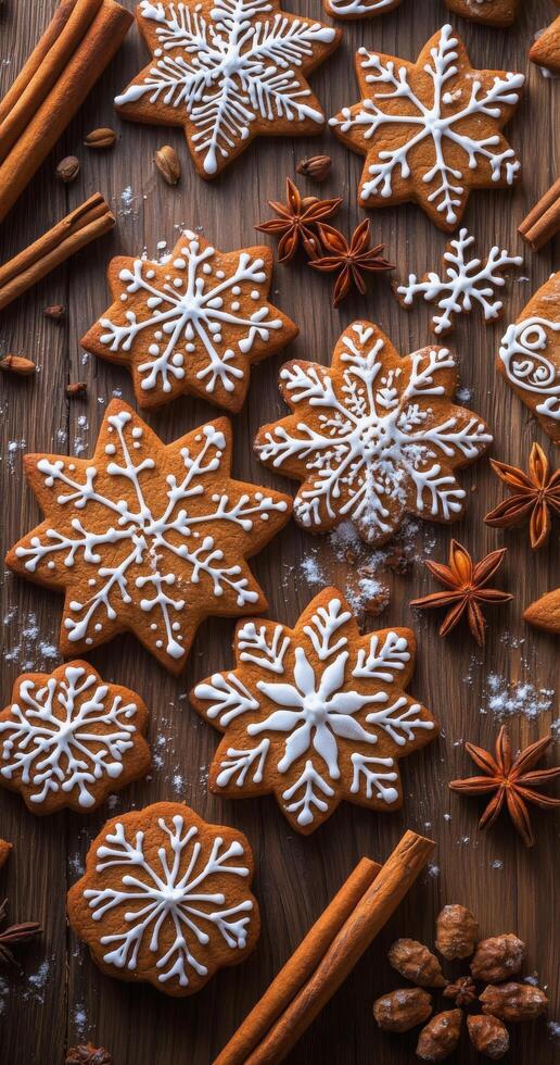 Deliciously decorated snowflake cookies arranged on a rustic wooden table photo