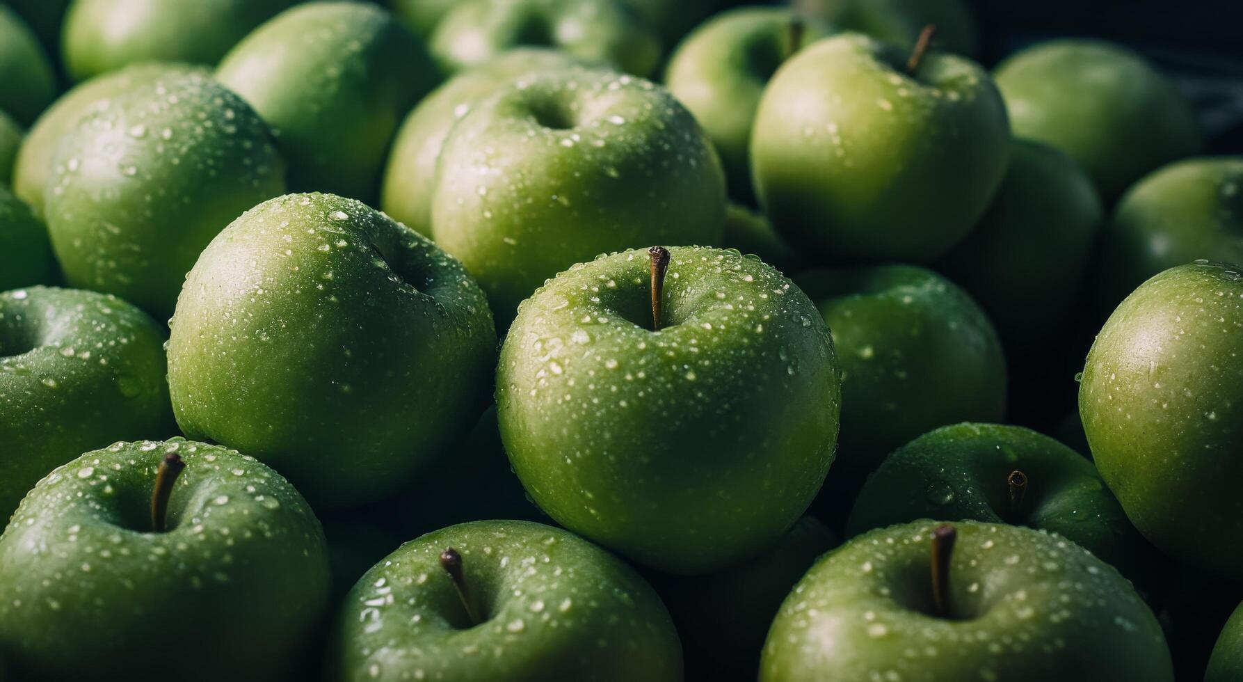 Fresh green apples stacked in a market display showcasing vibrant colors and textures photo