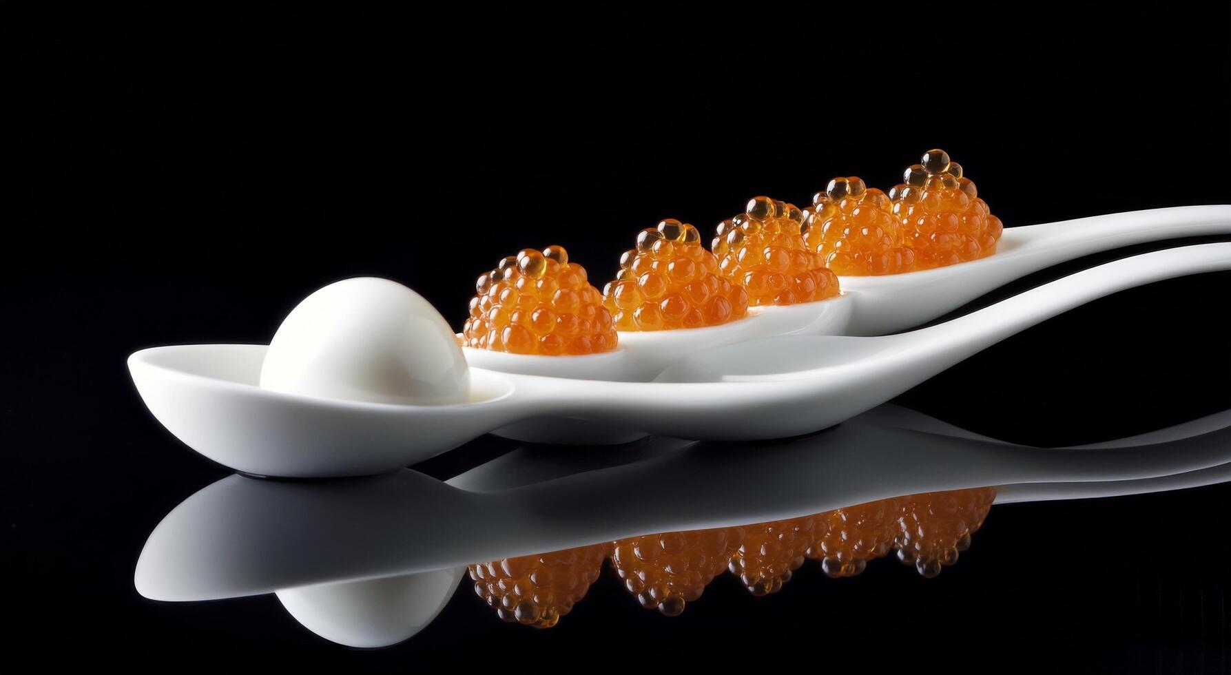 Elegant culinary arrangement of caviar on white spoons with a spherical element photo
