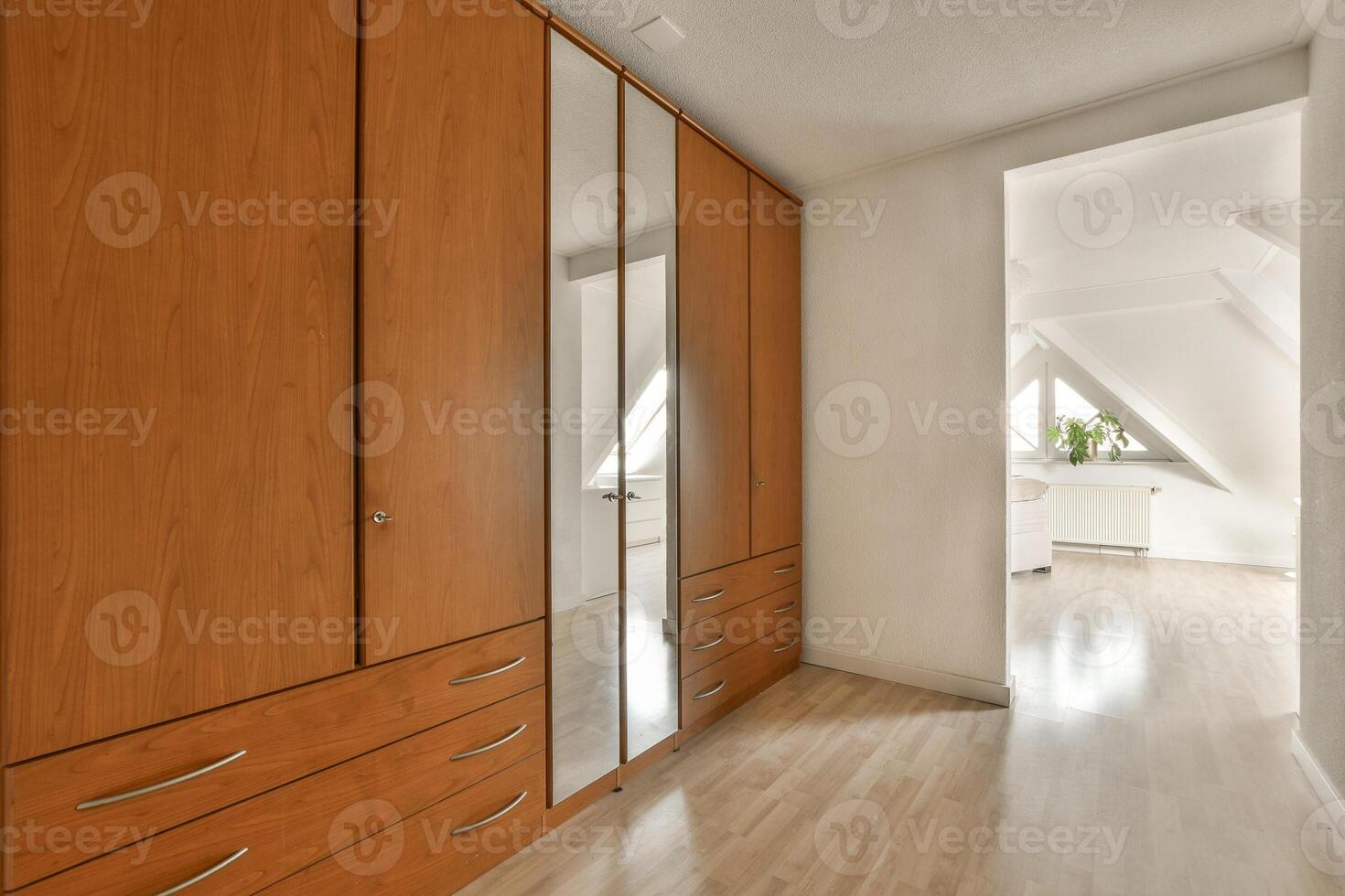 A room with wooden cabinets and a mirror photo