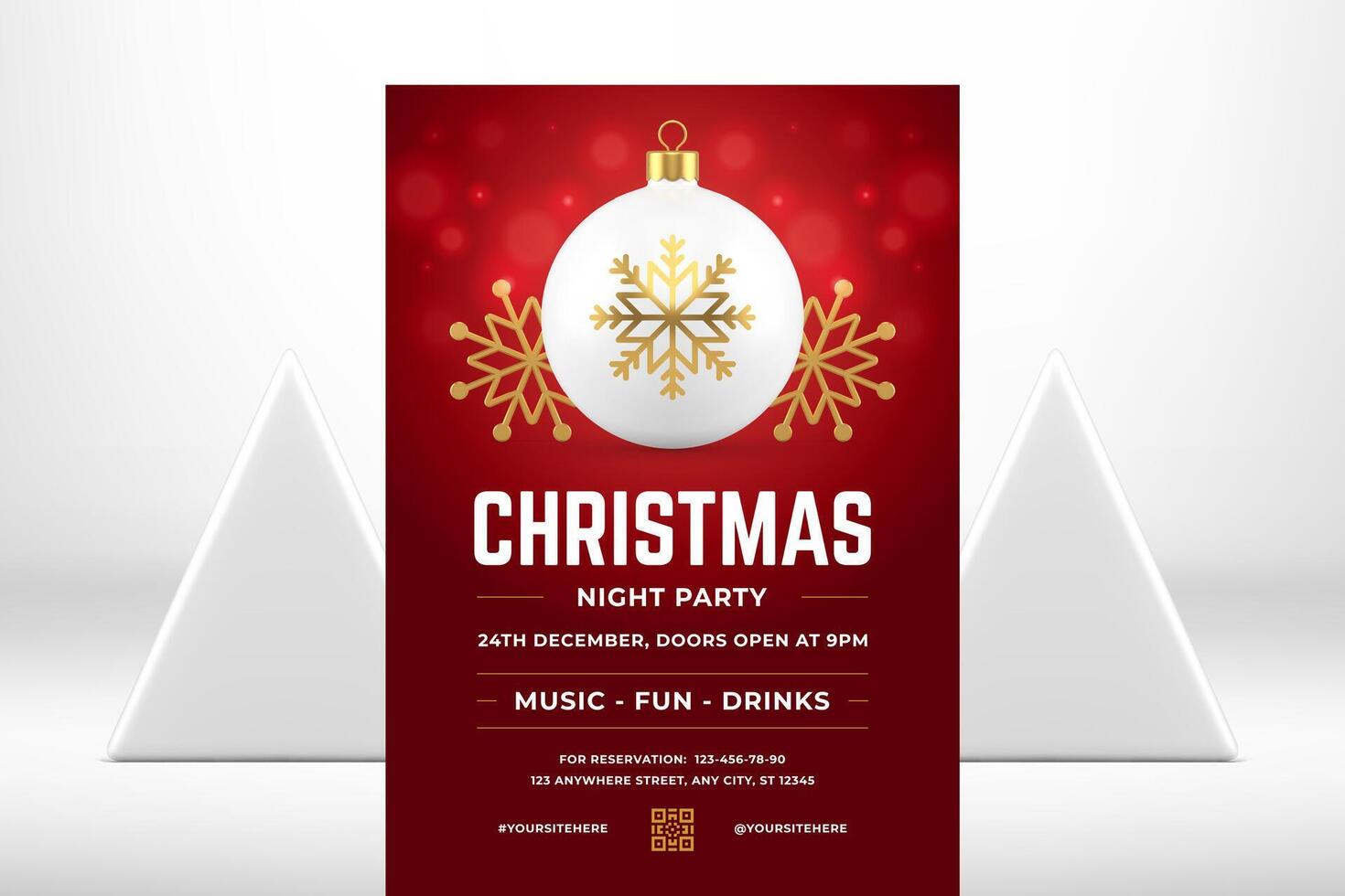 Red Christmas night party announcement flyer template spruce ball toy snowflake 3d icon vector