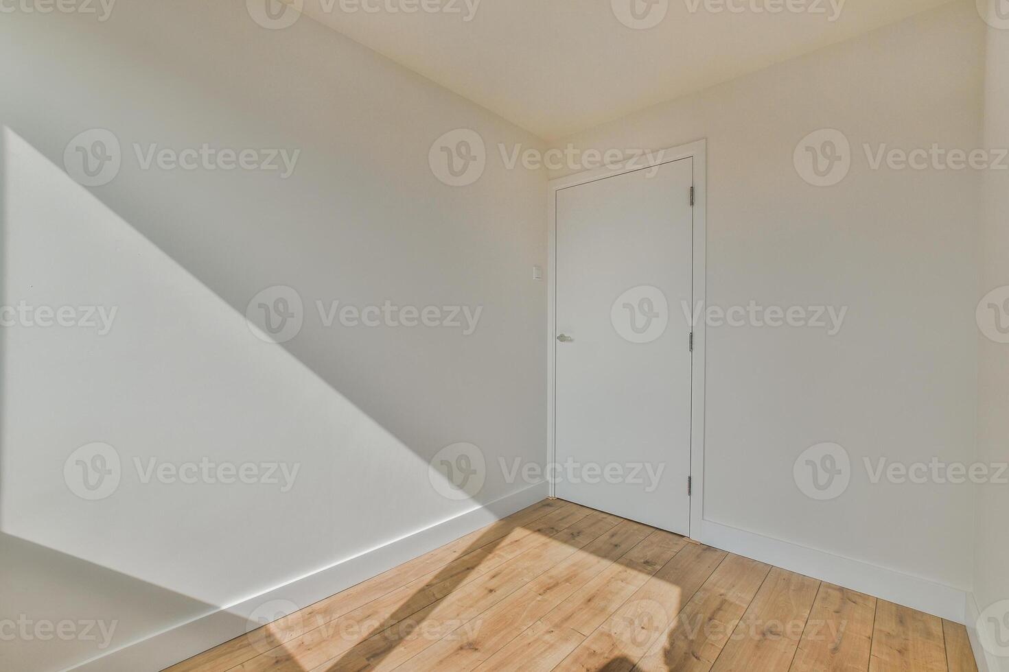 A room with a door and wooden flooring photo