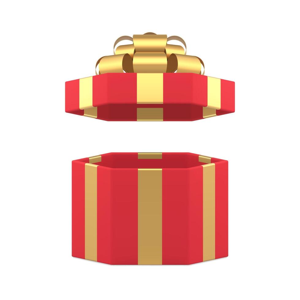 Red luxury open hexagonal festive gift box with golden bow ribbon 3d icon realistic vector