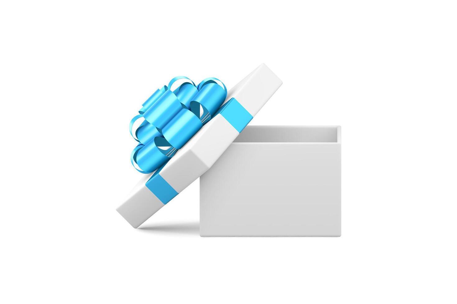White romantic squared gift box with open lid and blue bow ribbon 3d icon realistic vector