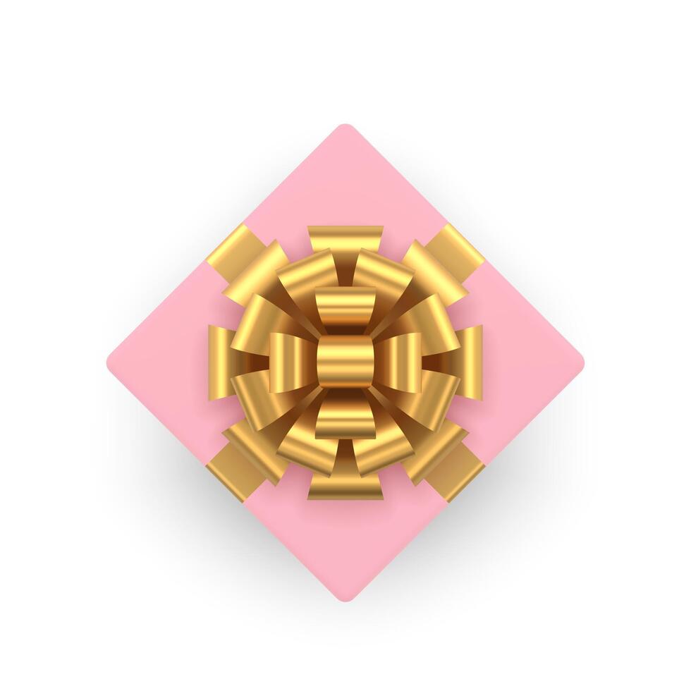 Pink elegant gift box with premium glossy golden bow ribbon top view 3d icon realistic vector