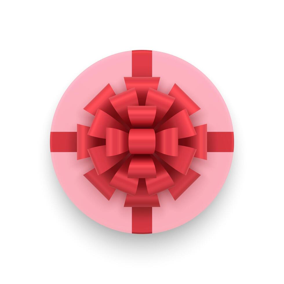 Pink elegant gift box with glossy red bow ribbon feminine surprise top view 3d icon realistic vector