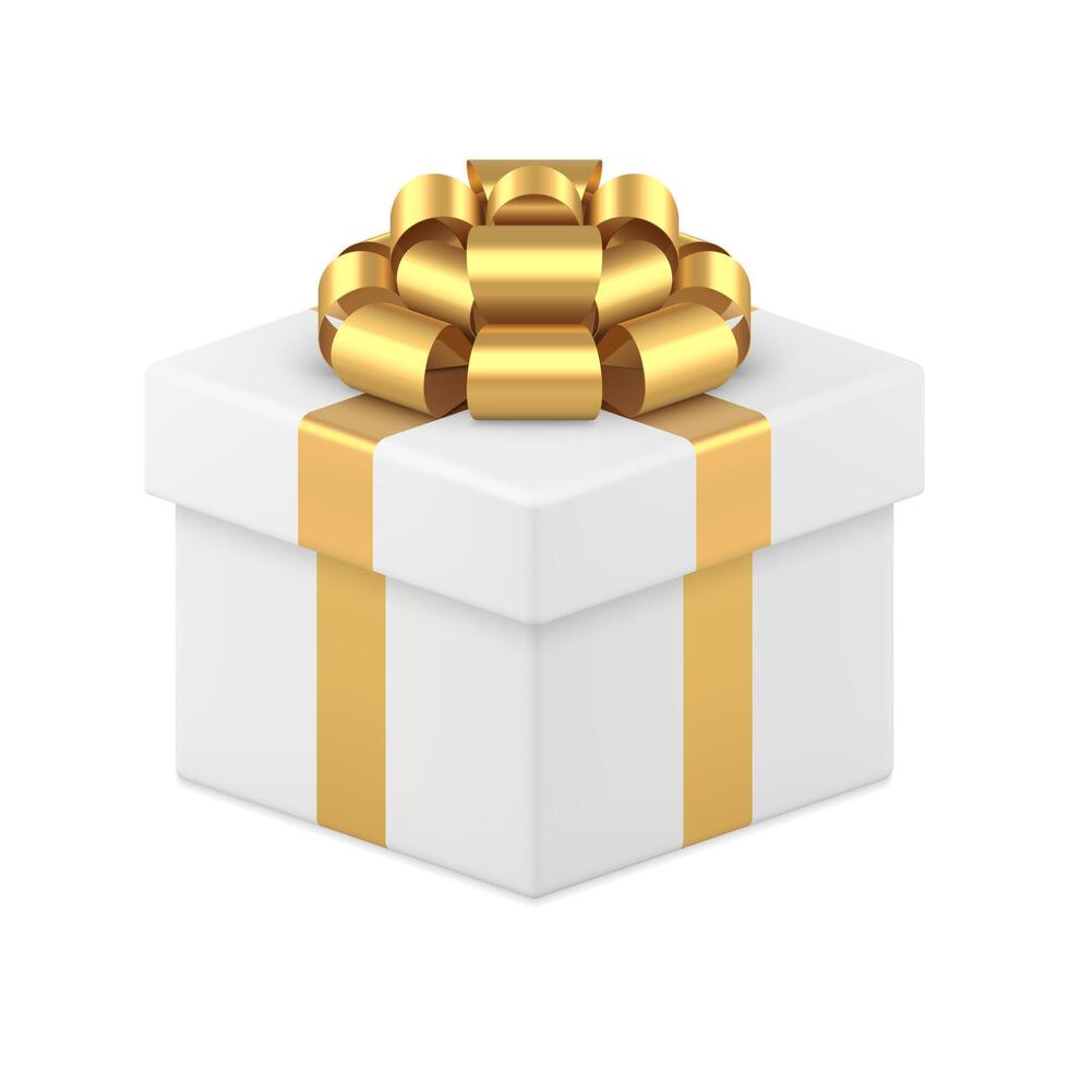 White wrapped squared gift box with golden glossy bow ribbon 3d icon realistic illustration vector