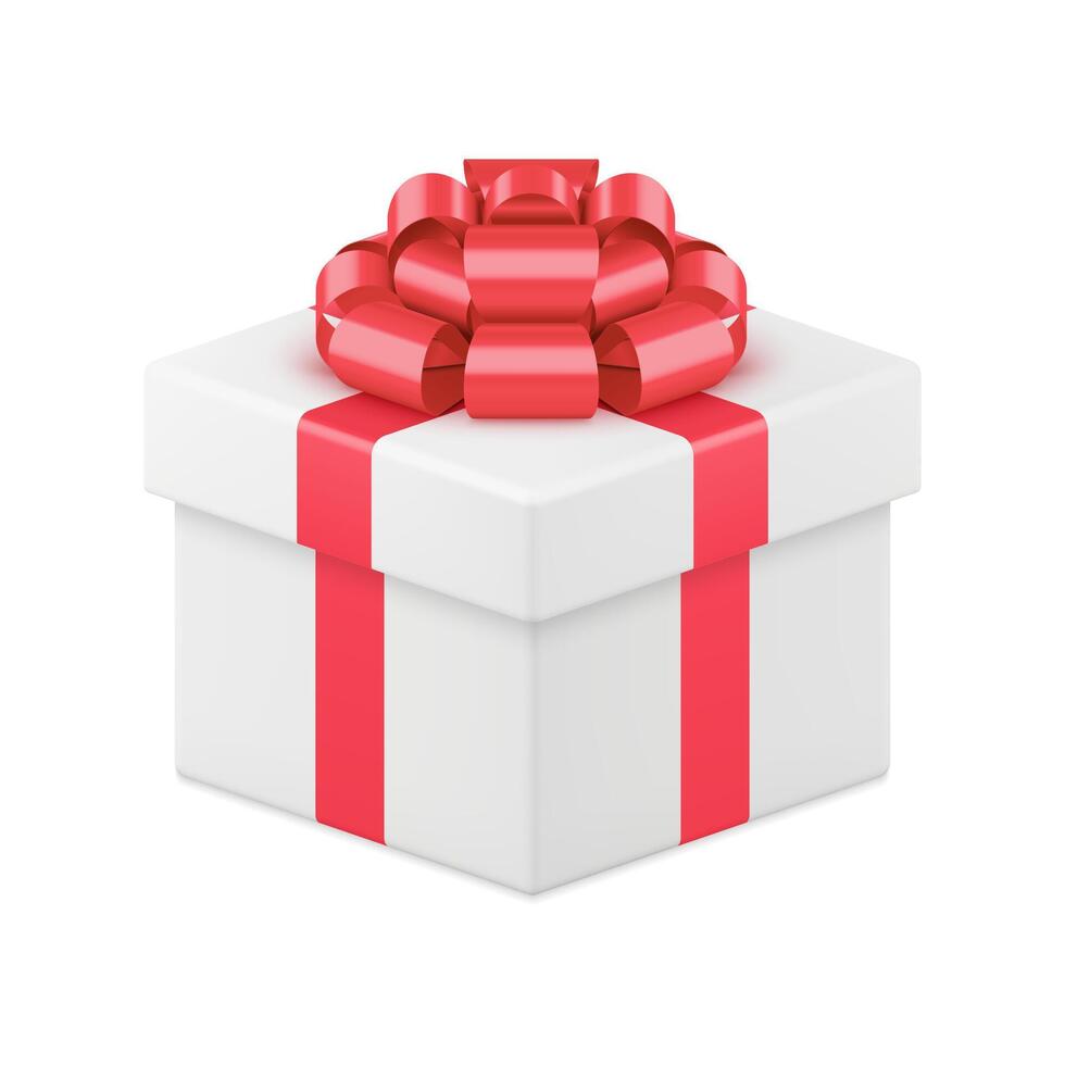 White elegant wrapped gift box with red luxury bow ribbon 3d icon realistic illustration vector