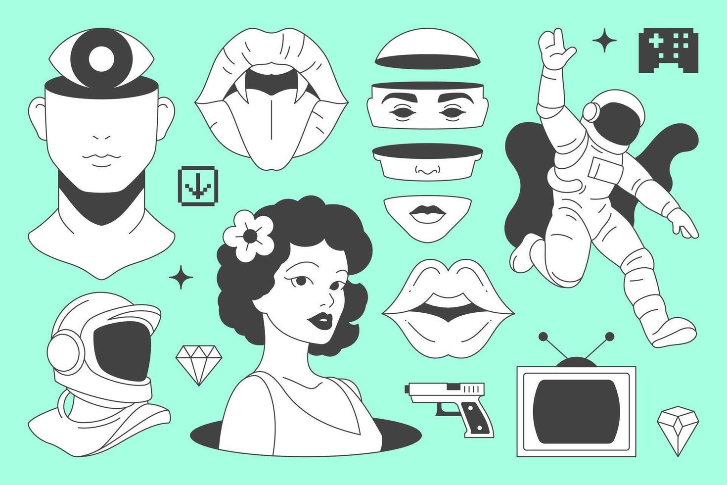Y2k psychedelic comic minimal line icon contemporary pop art concept set flat illustration vector