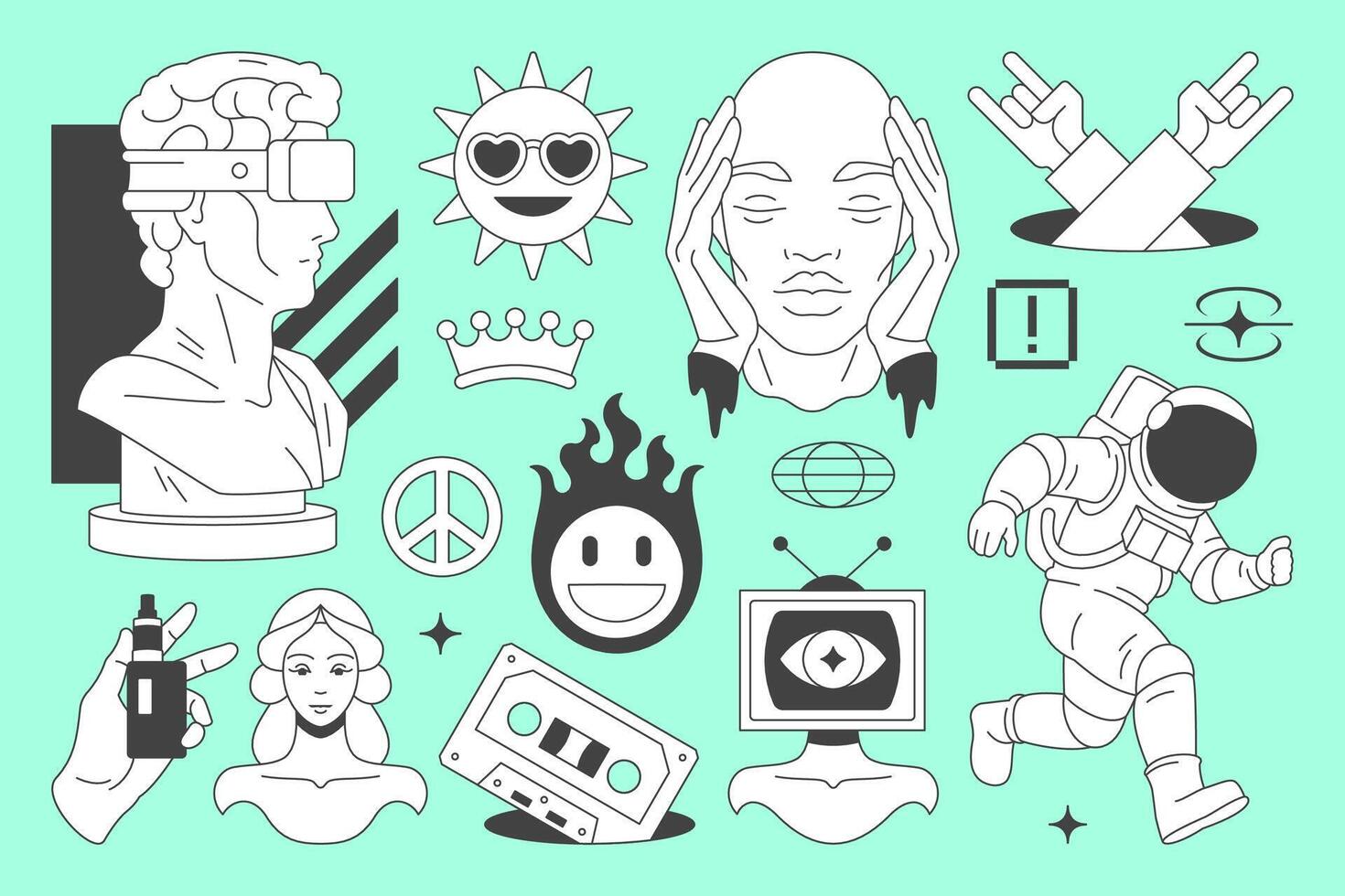 Y2k minimal comic retro groovy line icon contemporary pop art futuristic concept set flat vector