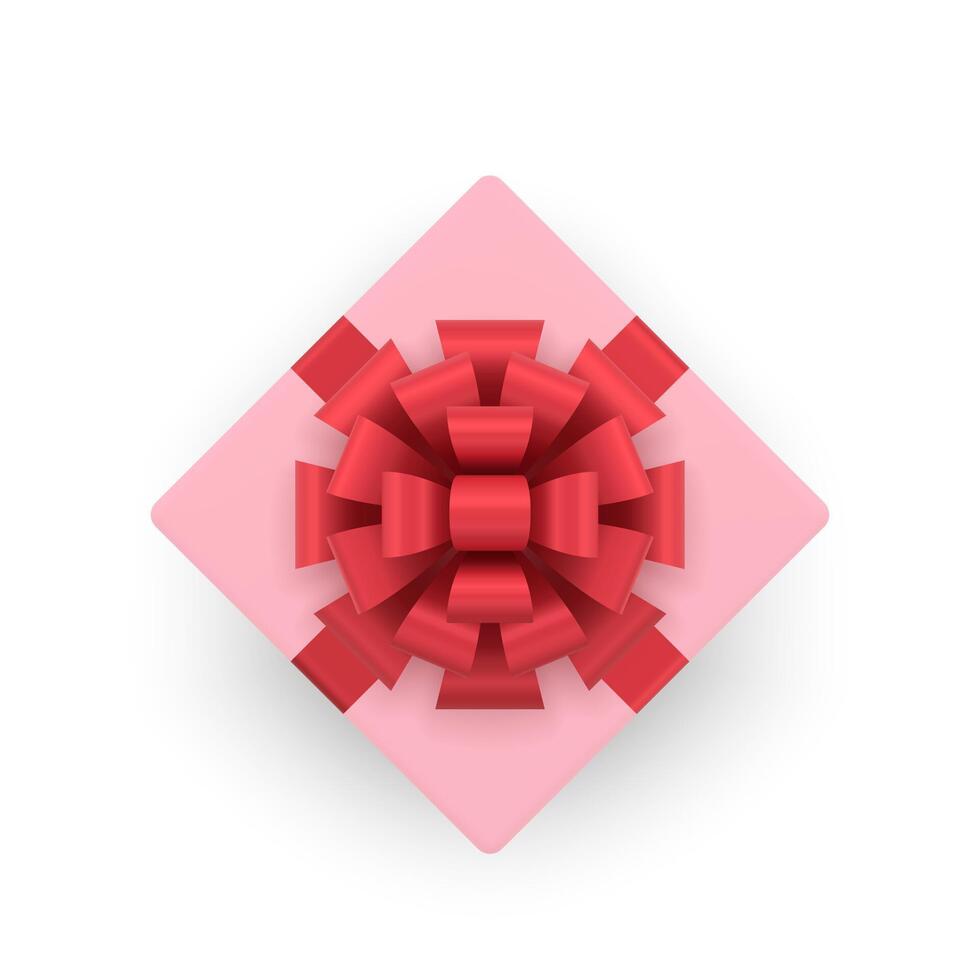 Pink luxury gift box with glossy red bow ribbon top view 3d icon realistic illustration vector