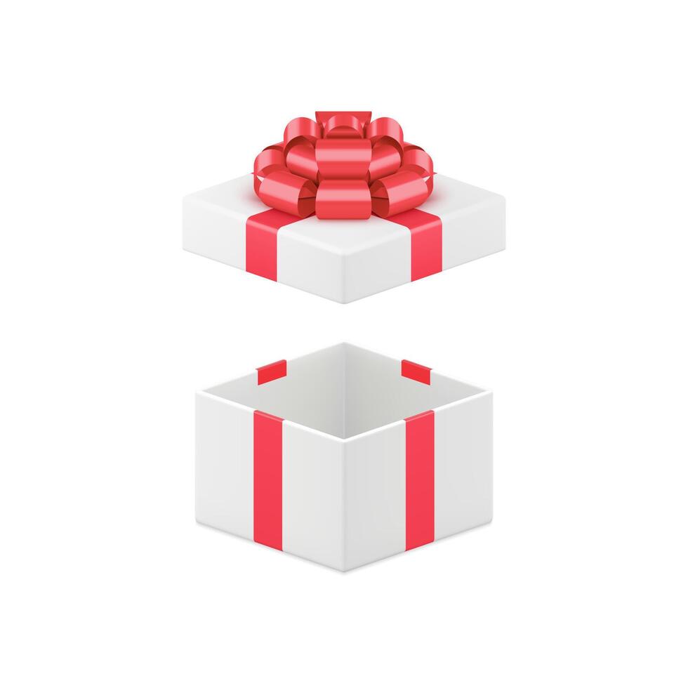 White luxury open gift box with red glossy bow ribbon 3d icon realistic illustration vector