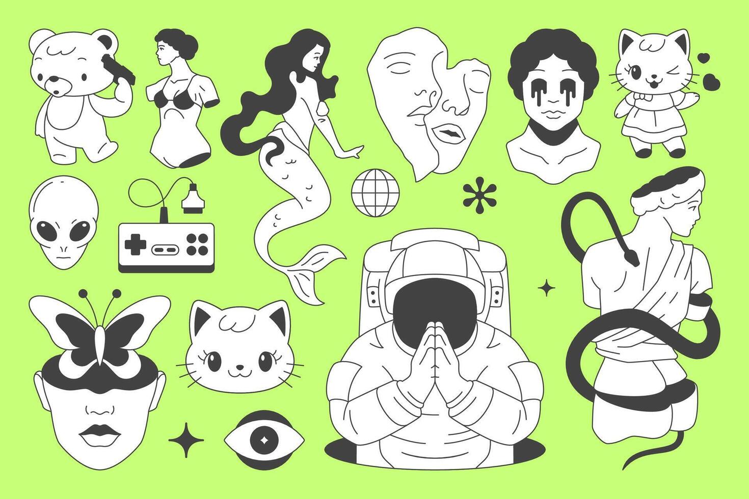 Y2k comic minimal retro groovy line icon psychedelic concept set flat illustration vector