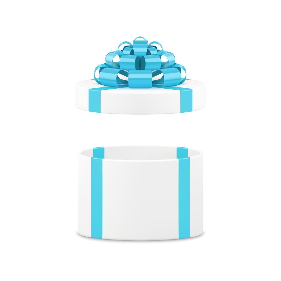 White elegant circle gift box with open cap and stylish blue bow ribbon 3d icon realistic vector