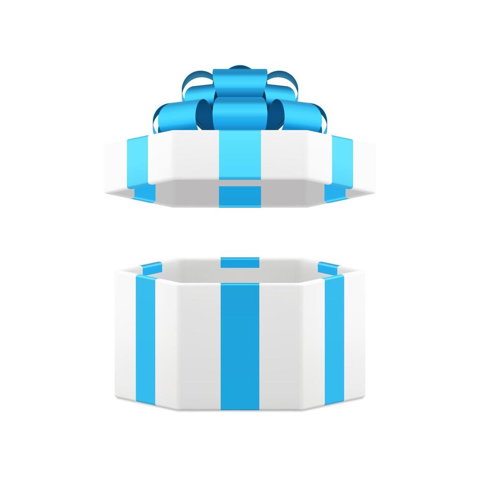 White hexagonal open gift box with blue bow ribbon present package 3d icon realistic vector