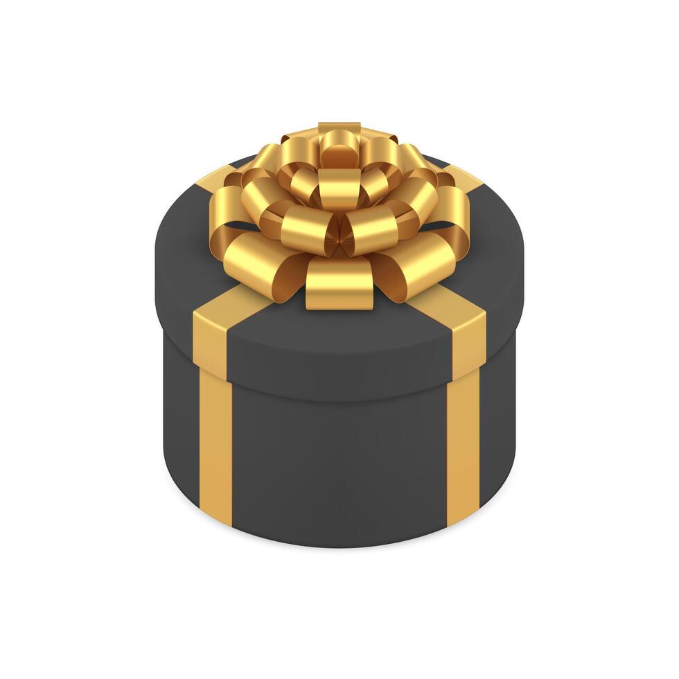 Black circle premium gift box with golden glossy bow ribbon 3d icon realistic illustration vector