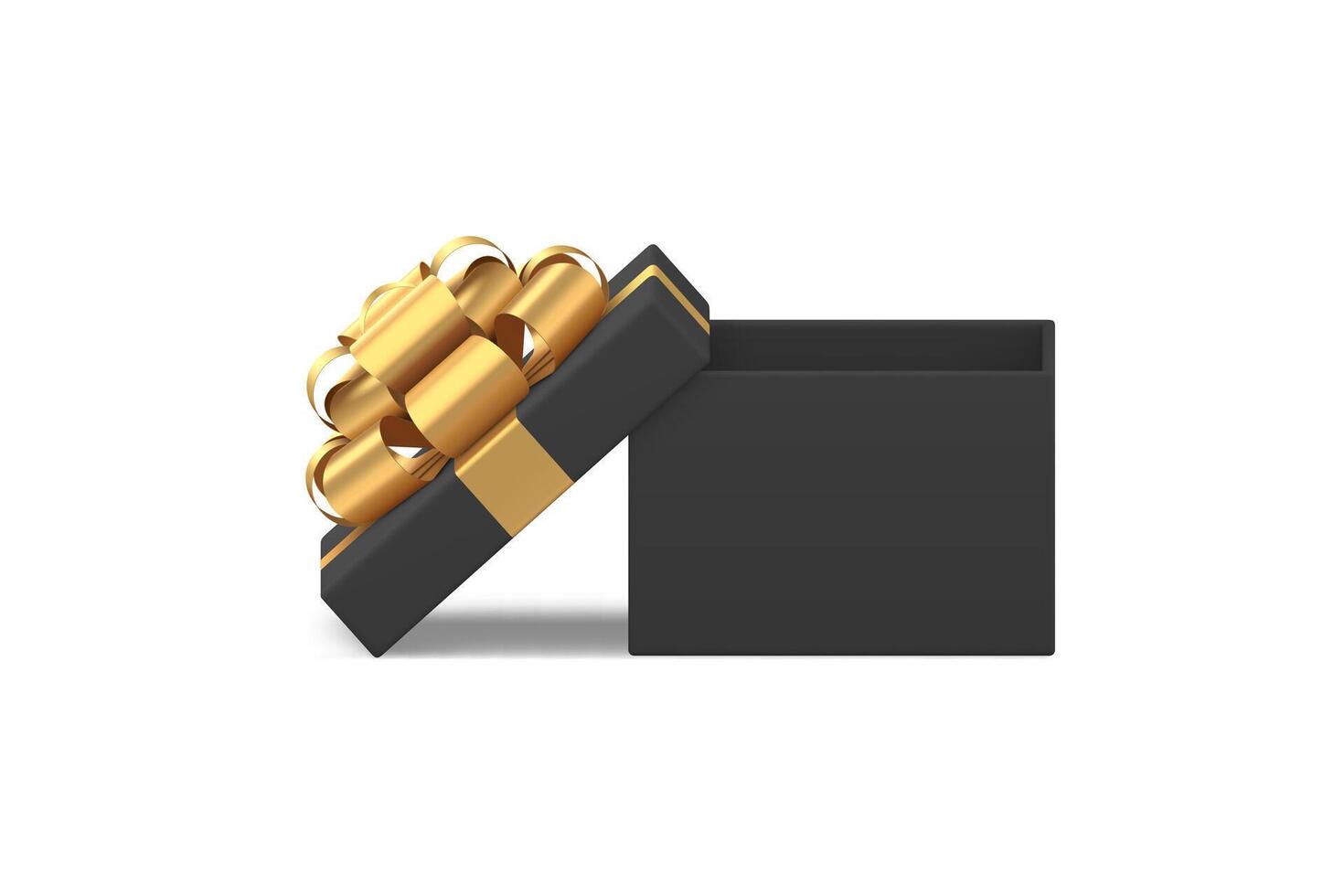Black squared open luxury gift box with golden bow ribbon festive present 3d icon realistic vector
