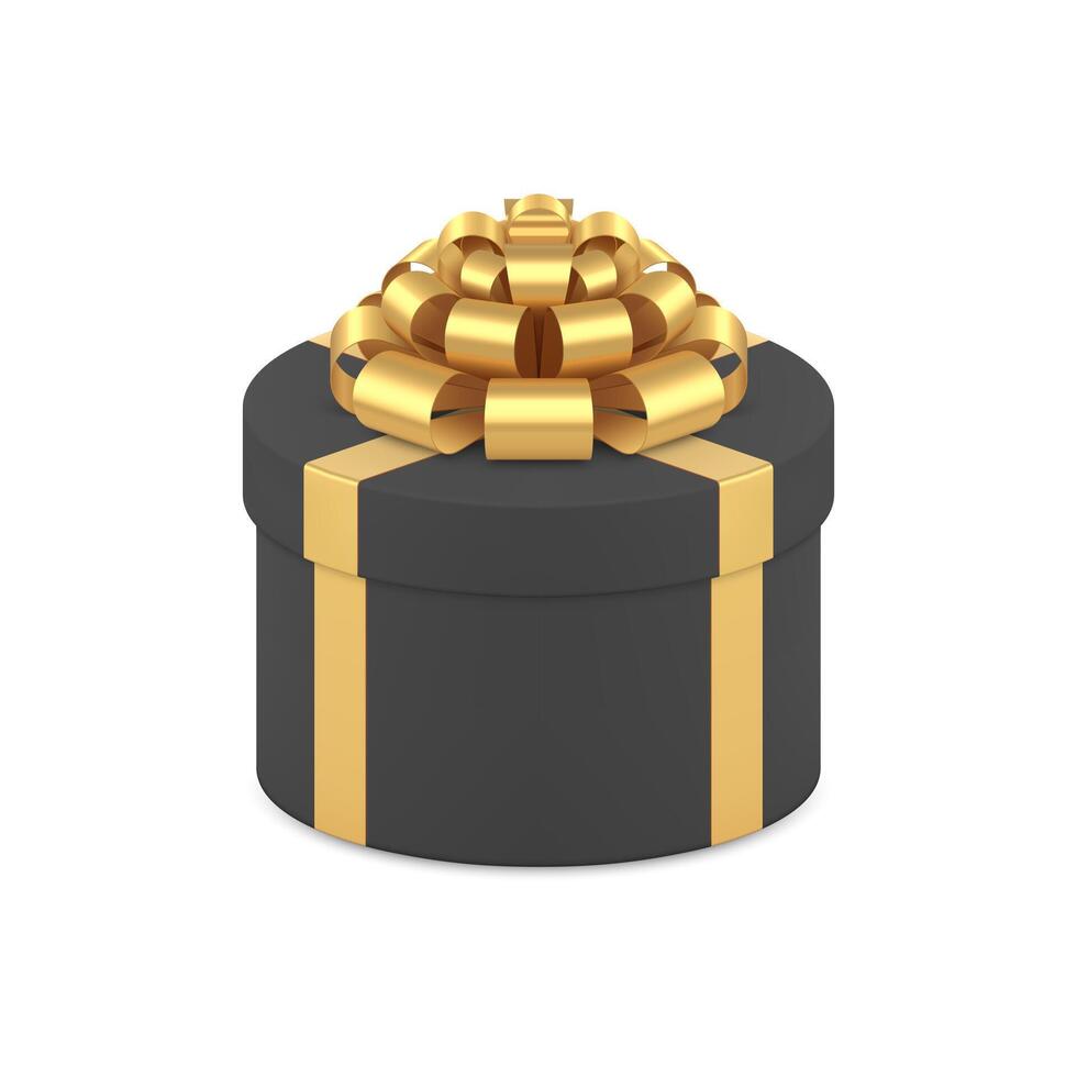 Fashion black wrapped gift box with golden luxury bow ribbon 3d icon realistic illustration vector