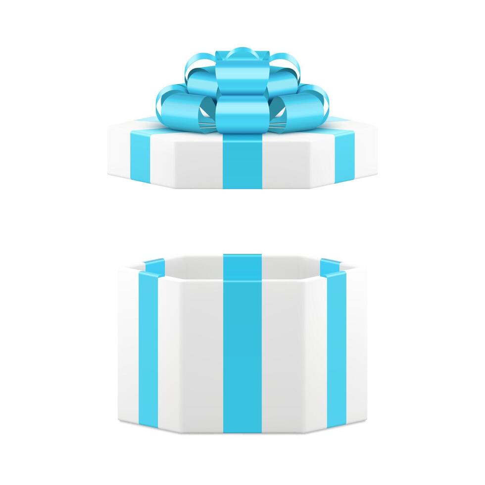 White hexagonal open gift box with luxury blue bow ribbon 3d icon realistic illustration vector