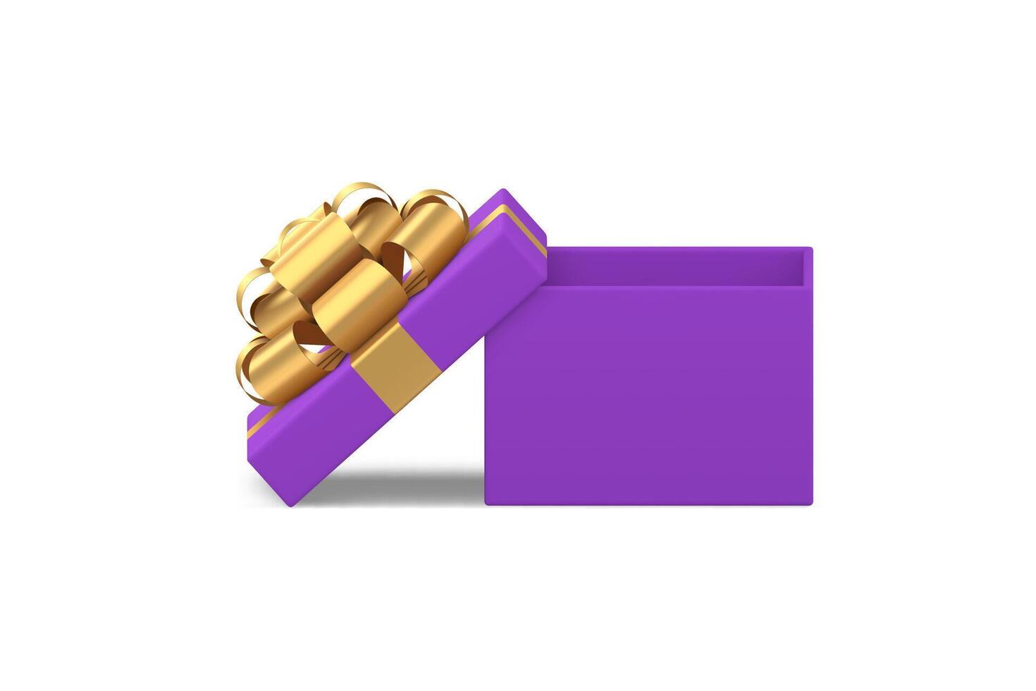 Luxury violet squared open gift box with golden bow ribbon 3d icon realistic illustration vector