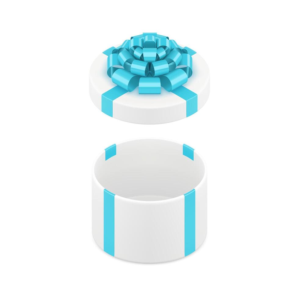 Empty white circle gift box with open cap blue bow ribbon holiday present 3d icon realistic vector