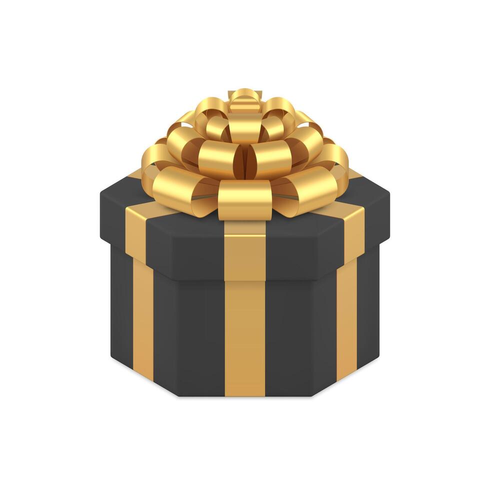 Black fashion hexagon gift box with luxury golden bow ribbon 3d icon realistic illustration vector