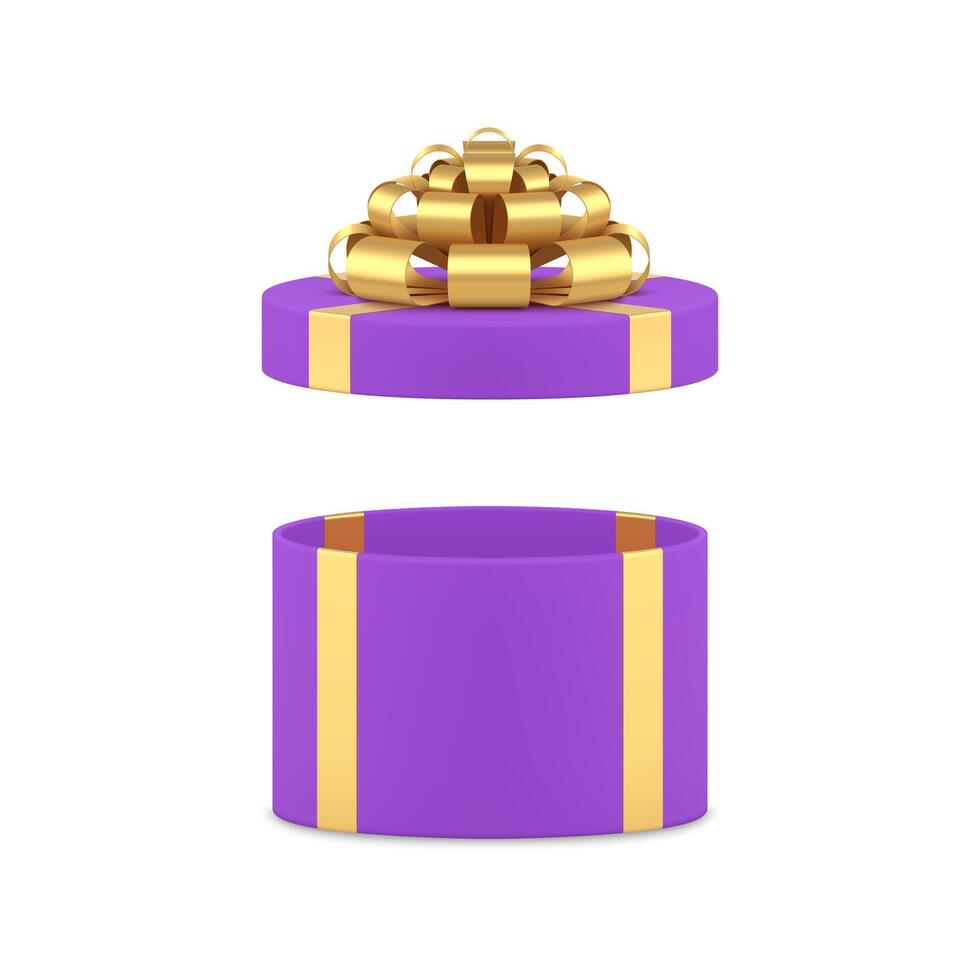 Purple circle empty gift box with open cap golden luxury bow ribbon 3d icon realistic vector