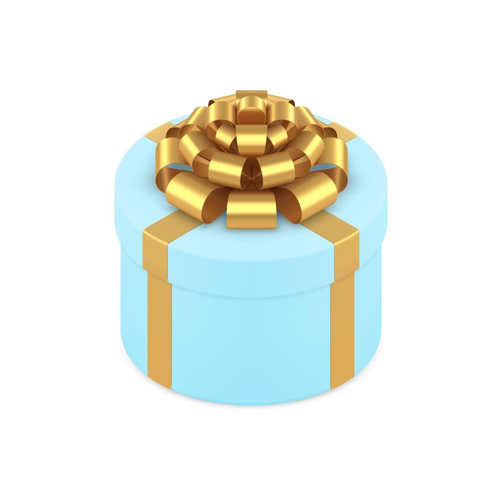 Blue circle gift box with premium golden festive bow ribbon 3d icon realistic illustration vector