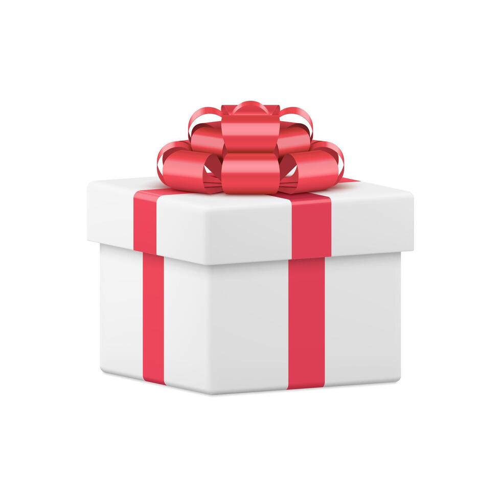 White elegant squared gift box with glossy red bow ribbon present pack 3d icon realistic vector