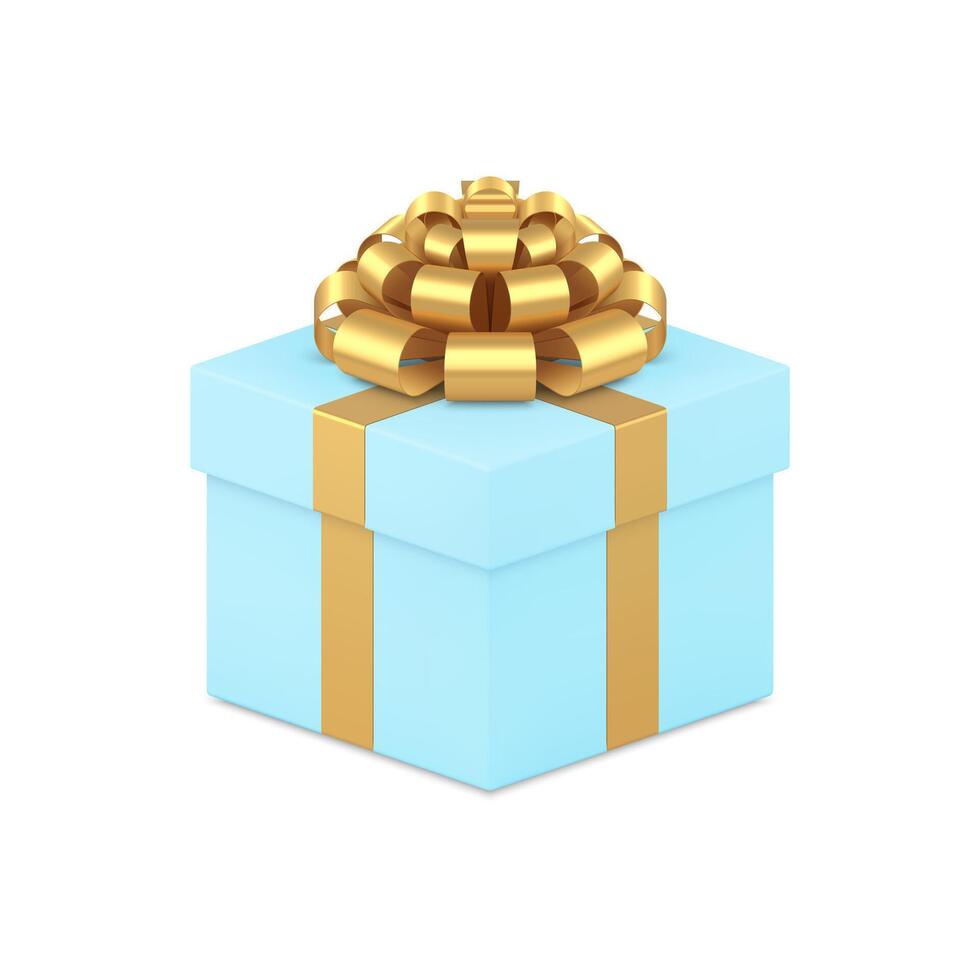 Blue squared gift box with golden bow ribbon elegant present pack 3d icon realistic vector