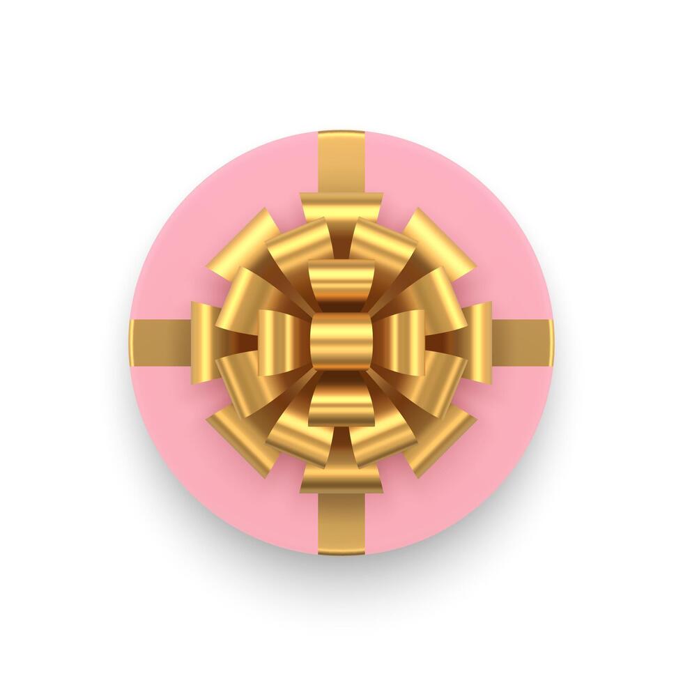 Pink circle elegant gift box with golden luxury bow ribbon top view 3d icon realistic vector
