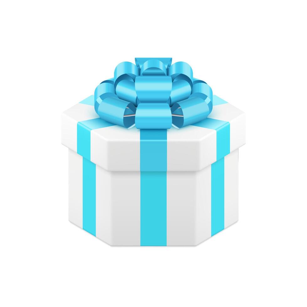 White wrapped hexagonal gift box with luxury blue bow ribbon 3d icon realistic vector