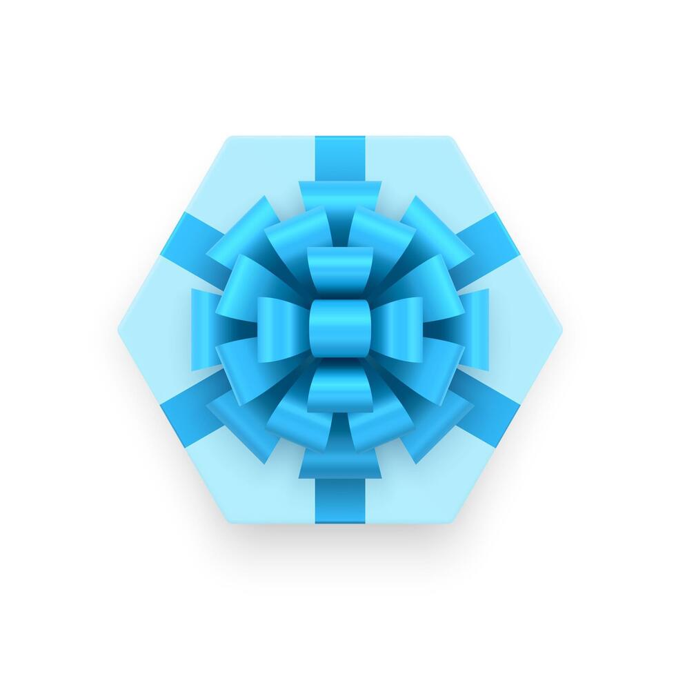 Blue fashion hexagonal gift box with luxury glossy bow ribbon top view 3d icon realistic vector