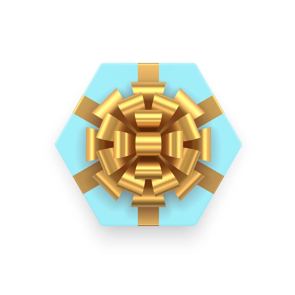 Blue hexagonal festive gift box with golden luxury bow ribbon top view 3d icon realistic vector