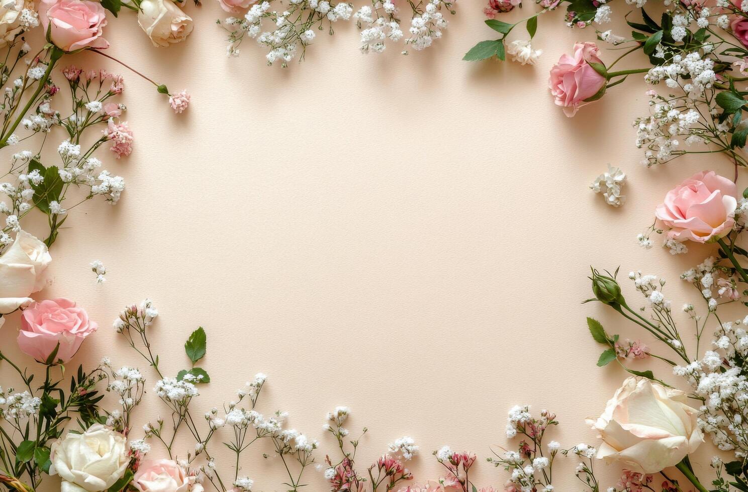 Delicate arrangement of pink roses and gypsophila on a light surface for a serene floral display photo